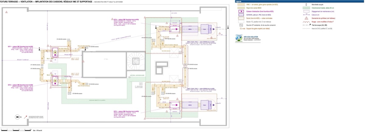 Plan de la toiture-terrasse : implantation des 4 caissons d'extraction, des PAC sur air extrait et des réseaux VMC