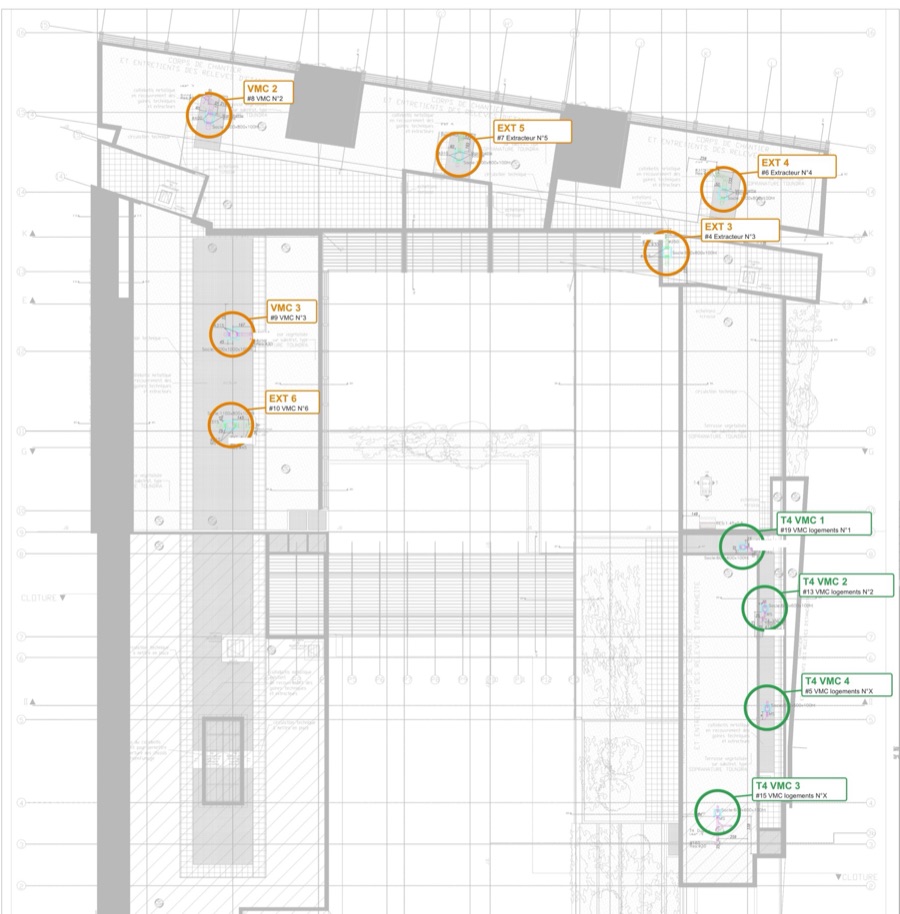 Plan de repérage des extracteurs en toiture-terrasse, vue de dessus